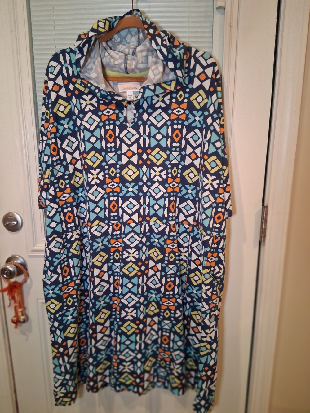 sku 151 Stan Herman Women's Navy Geometric Hooded Maxi Dress Pockets Size 2x